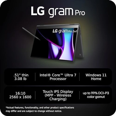 LG gram Pro 2 in1 16-inch Lightweight and Versatile Laptop, Intel Evo Edition - Intel Core Ultra 7, 16GB RAM, 1TB SSD, Black - Image 3