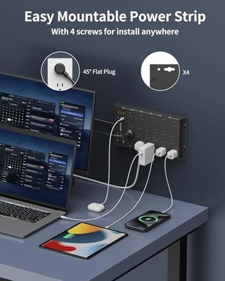 DEPOW Surge Protector Power Strip, 6.5FT Long Flat Plug Extension Cord with 22 AC Outlets (1875W/15A), 6USBs (3 USB-C Ports), 2100J Surge Protection, Wall Mountable for Gaming, Office, Home, Black - Image 7