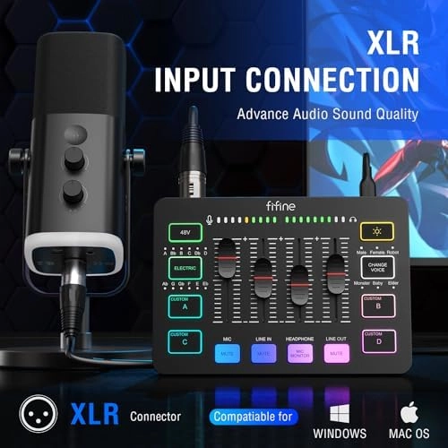 FIFINE Gaming Audio Mixer, Streaming RGB PC Mixer with XLR Microphone Interface, Individual Control, Volume Fader, Mute Button, 48V Phantom Power, for Podcast/Recording/Vocal/Game Voice-AmpliGame SC3 thumbnail-1