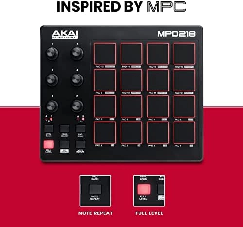 AKAI Professional MPD218 - USB MIDI Controller with 16 MPC Drum Pads, 6 Assignable Knobs, Note Repeat & Full Level Buttons and Production Software thumbnail-3