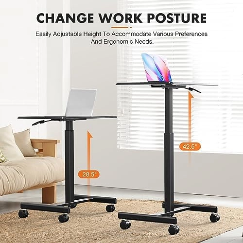 Sweetcrispy Mobile Small Stading Desk - Sit Stand Desk, Portable Rolling Laptop Desk with Lockable Wheels, Computer Workstations, Adjustable Height, Black thumbnail-3