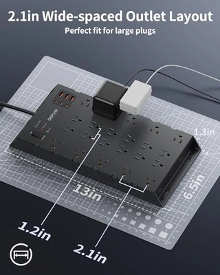 DEPOW Surge Protector Power Strip, 6.5FT Long Flat Plug Extension Cord with 22 AC Outlets (1875W/15A), 6USBs (3 USB-C Ports), 2100J Surge Protection, Wall Mountable for Gaming, Office, Home, Black - Image 4