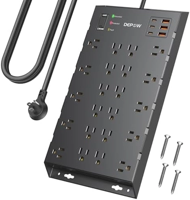 DEPOW Surge Protector Power Strip, 6.5FT Long Flat Plug Extension Cord with 22 AC Outlets (1875W/15A), 6USBs (3 USB-C Ports), 2100J Surge Protection, Wall Mountable for Gaming, Office, Home, Black