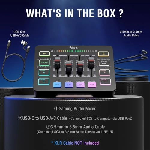 FIFINE Gaming Audio Mixer, Streaming RGB PC Mixer with XLR Microphone Interface, Individual Control, Volume Fader, Mute Button, 48V Phantom Power, for Podcast/Recording/Vocal/Game Voice-AmpliGame SC3 thumbnail-6