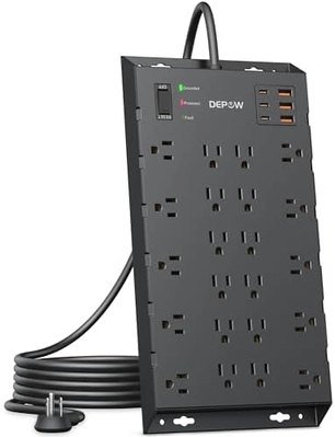 DEPOW Surge Protector Power Strip, 6.5FT Long Flat Plug Extension Cord with 22 AC Outlets (1875W/15A), 6USBs (3 USB-C Ports), 2100J Surge Protection, Wall Mountable for Gaming, Office, Home, Black - Image 9