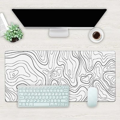 Desk Mat, White Topographic Contour Map Extended Gaming Mouse Pad Large, 35.4"x15.7" Big Mouse Pad with Non-Slip Base and Stitched Edge, Long Computer Keyboard Mouse Mat for Home Office Work - Image 2