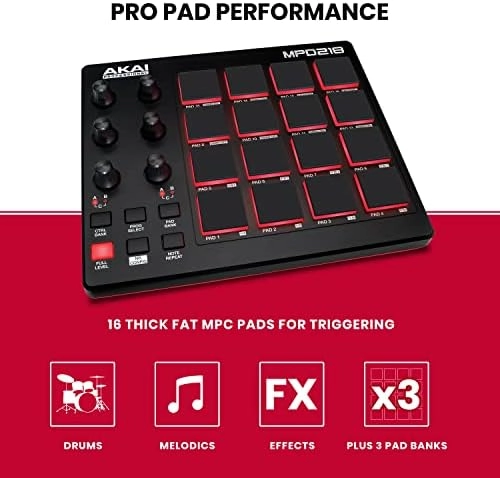 AKAI Professional MPD218 - USB MIDI Controller with 16 MPC Drum Pads, 6 Assignable Knobs, Note Repeat & Full Level Buttons and Production Software thumbnail-1
