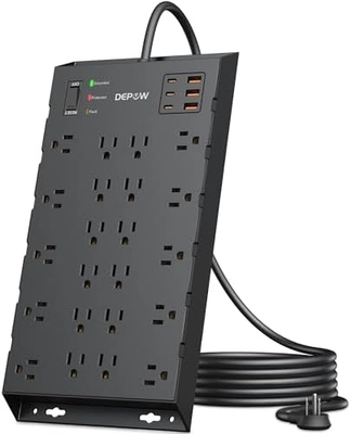 DEPOW Surge Protector Power Strip, 6.5FT Long Flat Plug Extension Cord with 22 AC Outlets (1875W/15A), 6USBs (3 USB-C Ports), 2100J Surge Protection, Wall Mountable for Gaming, Office, Home, Black - Image 8