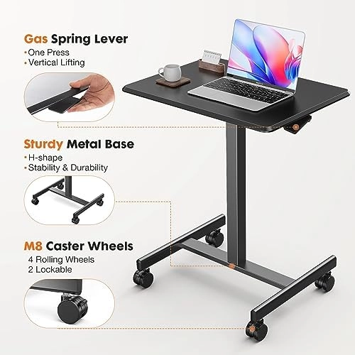 Sweetcrispy Mobile Small Stading Desk - Sit Stand Desk, Portable Rolling Laptop Desk with Lockable Wheels, Computer Workstations, Adjustable Height, Black thumbnail-4
